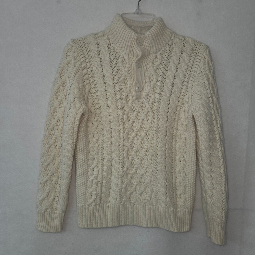 Gap Kids Cable Knit Sweater M Chino White Button Mock Neck Fisherman Aran 727614